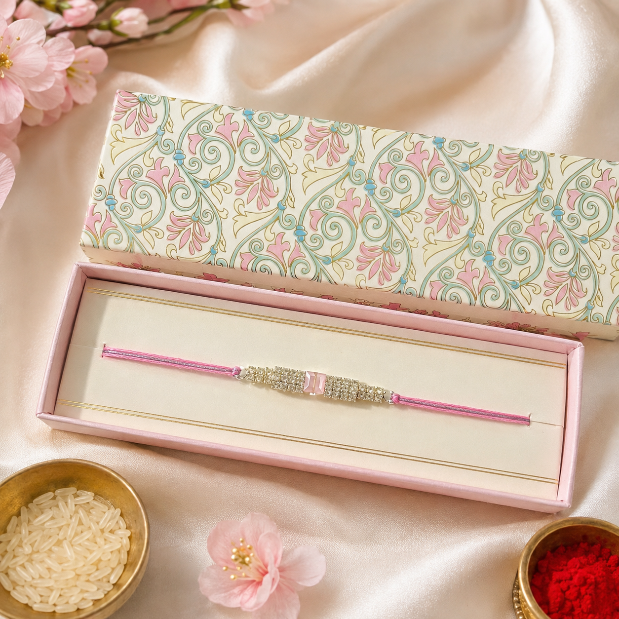 Premium Pink Crystal Rakhi for Brother with Roli Chawal | Elegant Designer Rakhi Gift Box