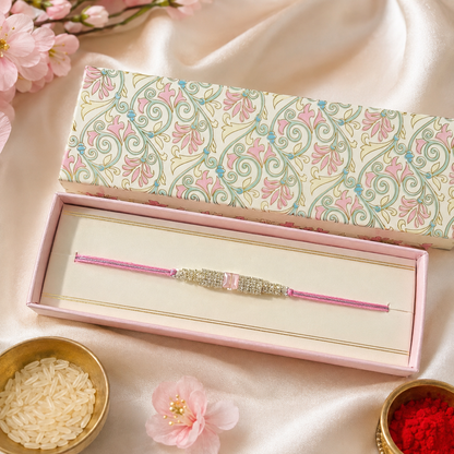 Premium Pink Crystal Rakhi for Brother with Roli Chawal | Elegant Designer Rakhi Gift Box