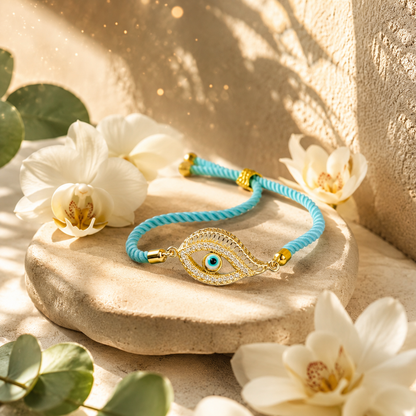 Sky Blue Evil Eye Designer Rakhi with Gold-Tone AD Stone Charm