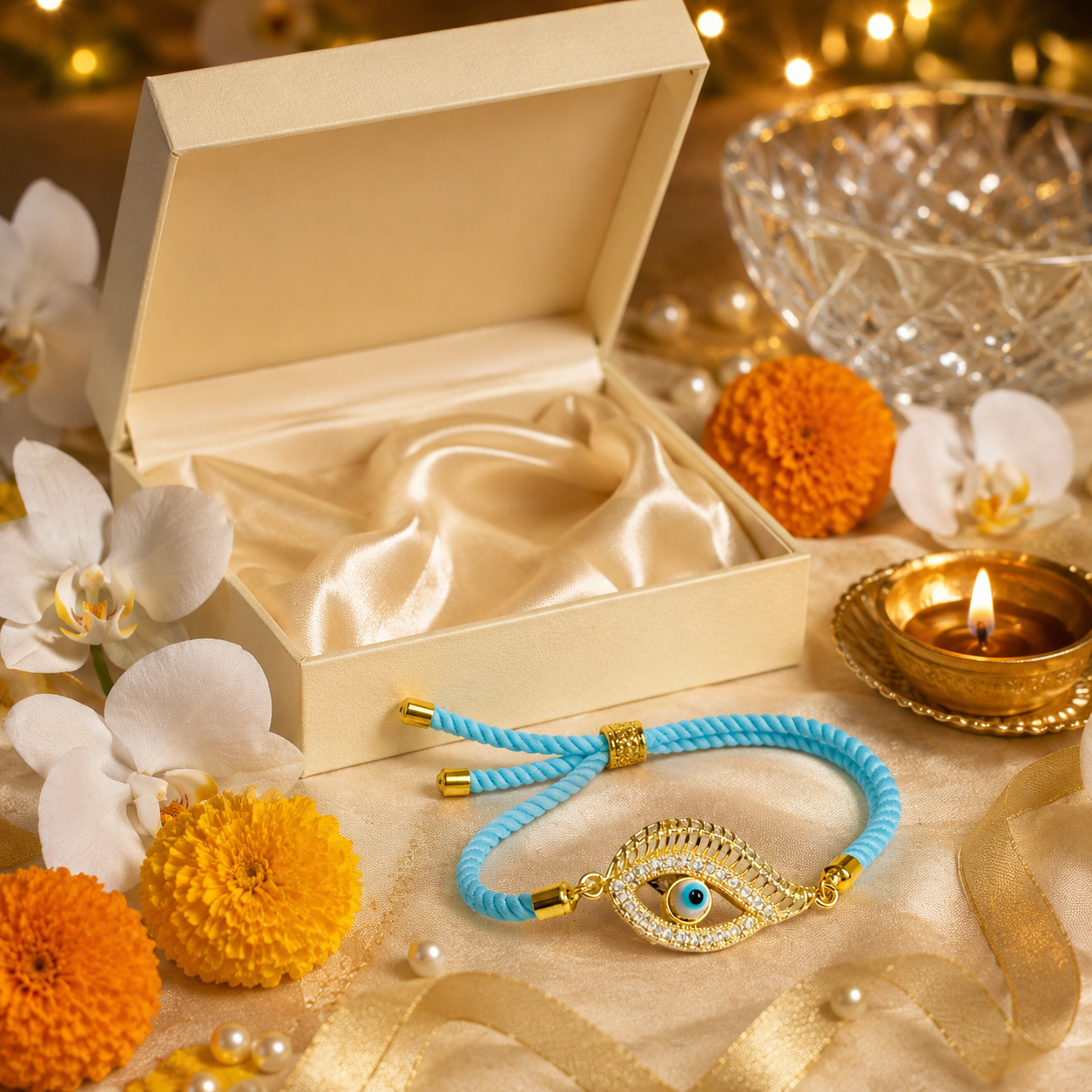 Sky Blue Evil Eye Designer Rakhi with Gold-Tone AD Stone Charm