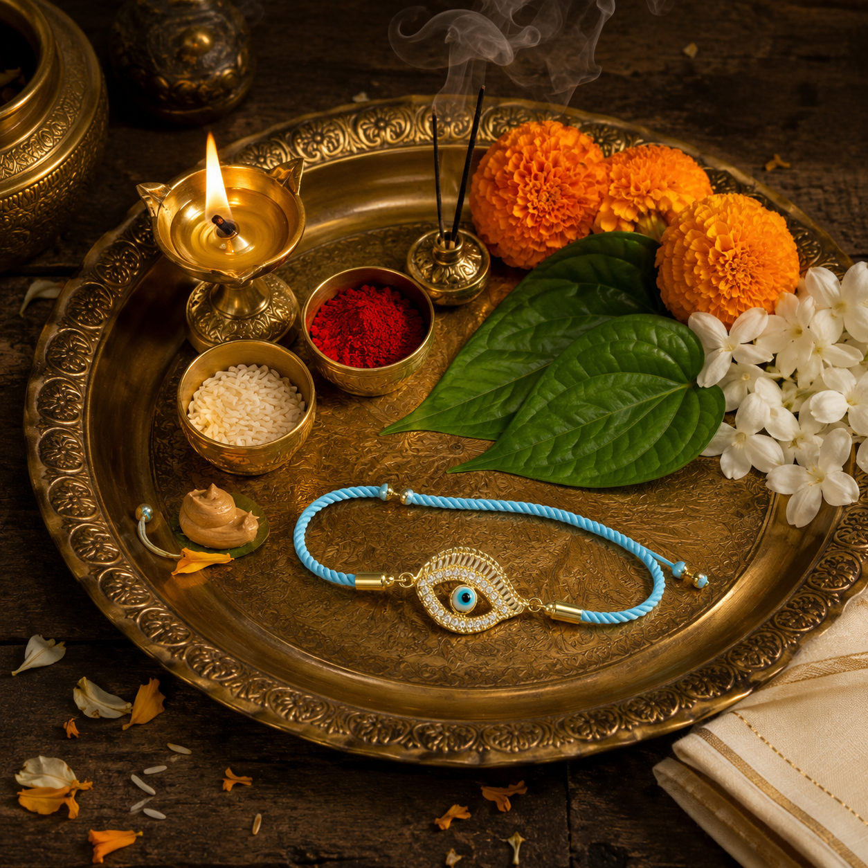 Sky Blue Evil Eye Designer Rakhi with Gold-Tone AD Stone Charm
