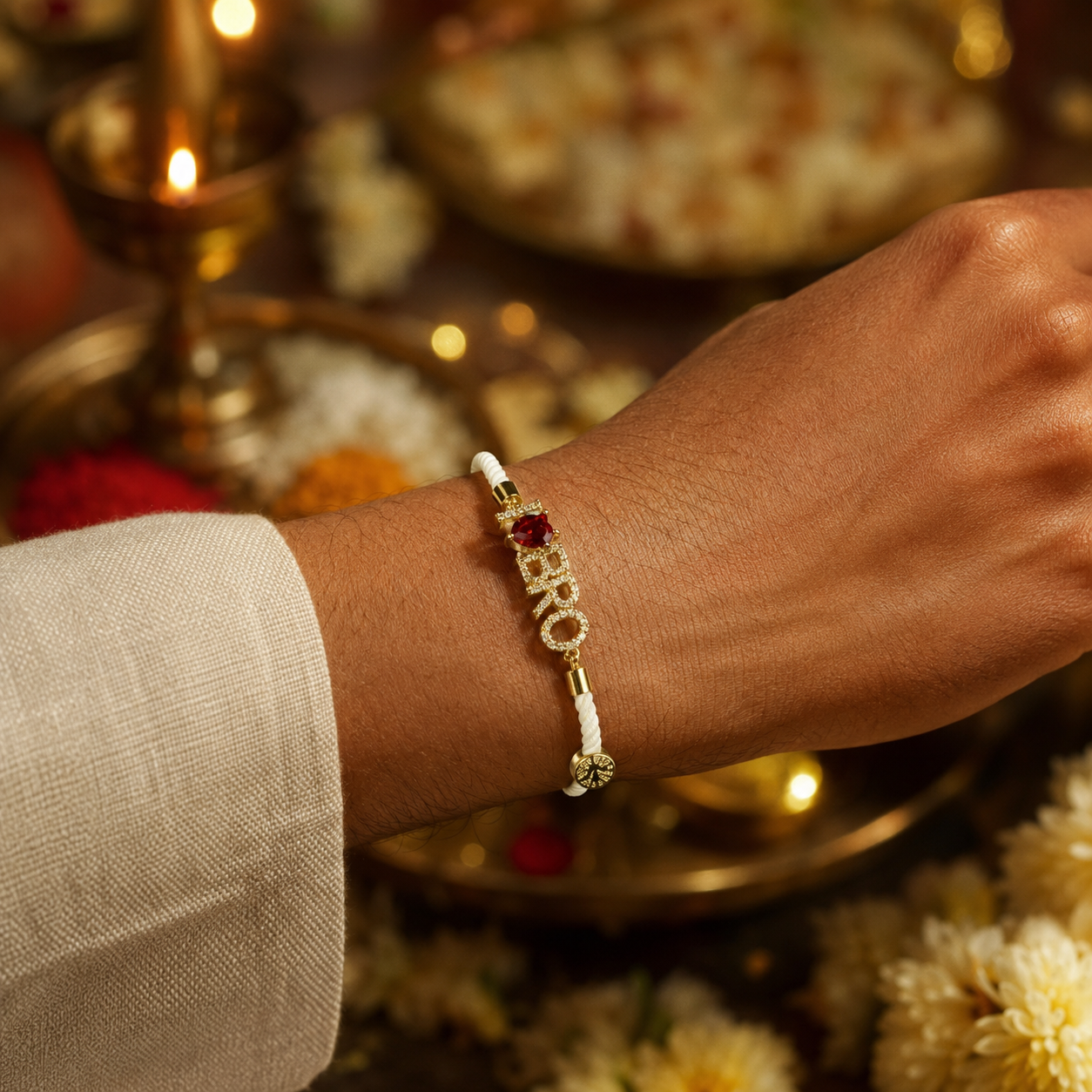 I ❤️ BRO White Thread Rakhi with Red Heart Crystal & Gold-Tone Letter Charm
