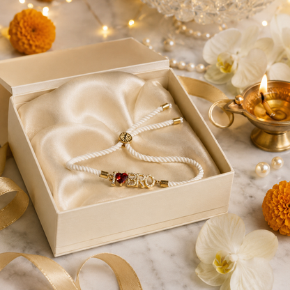 I ❤️ BRO White Thread Rakhi with Red Heart Crystal & Gold-Tone Letter Charm