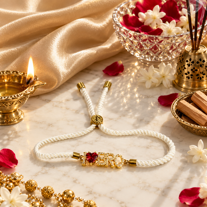I ❤️ BRO White Thread Rakhi with Red Heart Crystal & Gold-Tone Letter Charm