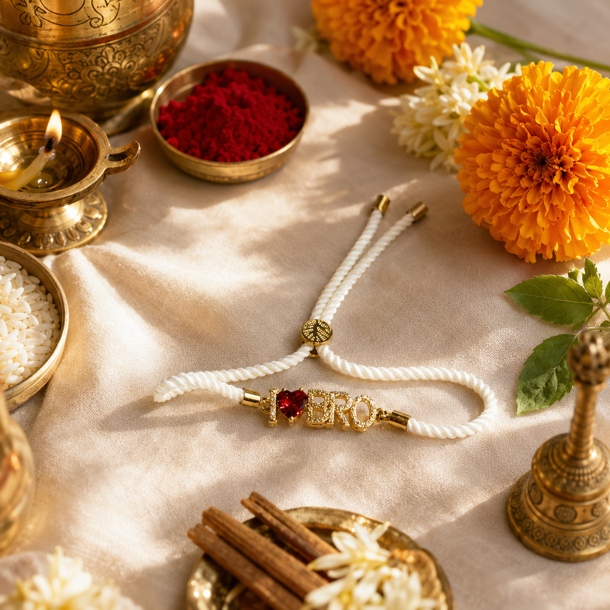 I ❤️ BRO White Thread Rakhi with Red Heart Crystal & Gold-Tone Letter Charm
